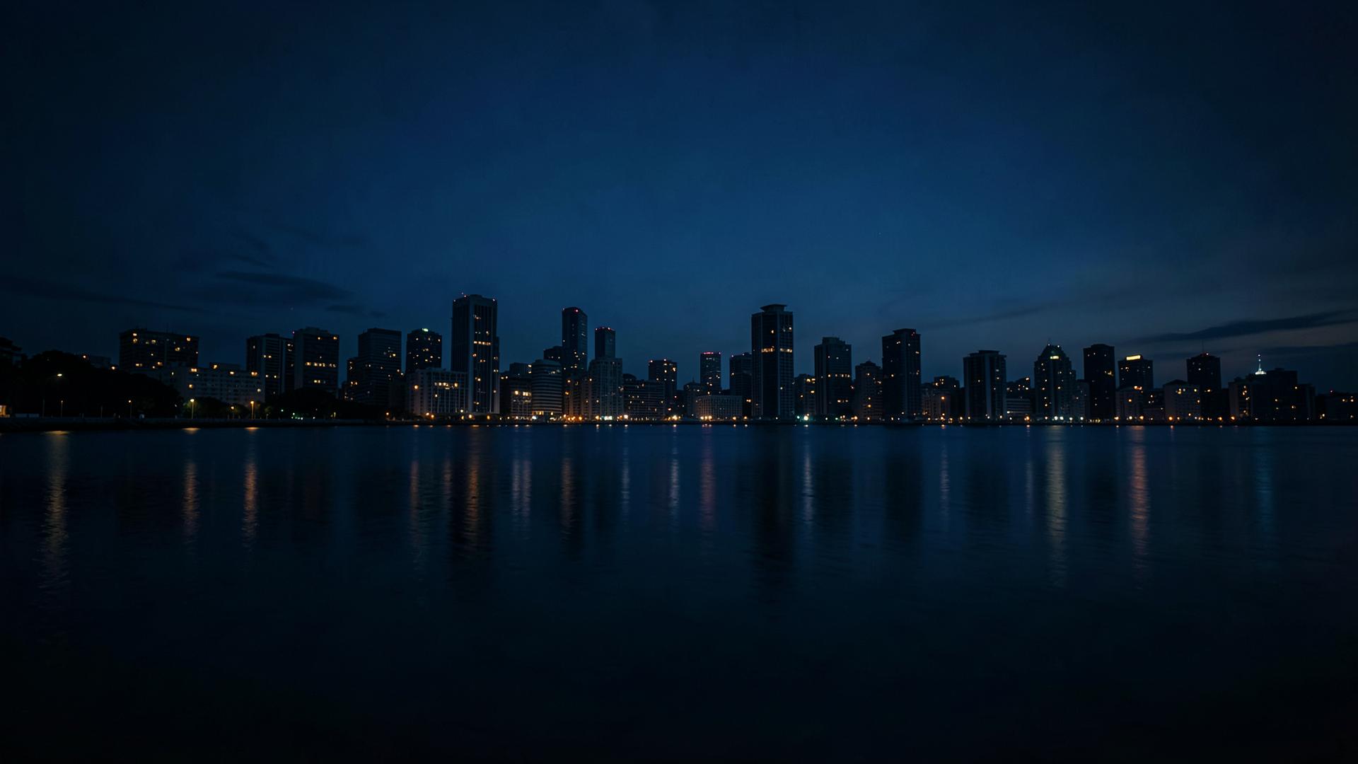 Dark city skyline at night reflected in calm water